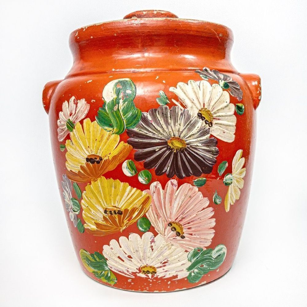 Antique Ransburg Red Asters Hand Painted Stoneware Lidded Cookie Jar/Crock